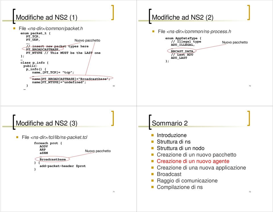 name[pt_broadcastbase]= Broadcastbase ; name[pt_ntype]= undefined ; 69 Modifiche ad NS2 (2) File <ns-dir>/common/ns-process.