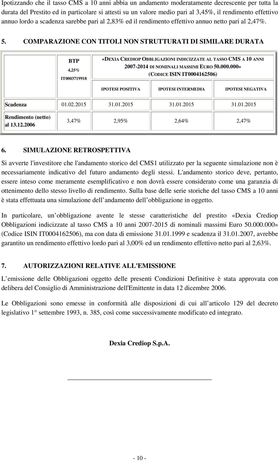 COMPARAZIONE CON TITOLI NON STRUTTURATI DI SIMILARE DURATA BTP 4,25% IT0003719918 «DEXIA CREDIOP OBBLIGAZIONI INDICIZZATE AL TASSO CMS A 10 ANNI 2007-2014 DI NOMINALI MASSIMI EURO 50.000.000» (CODICE ISIN IT0004162506) IPOTESI POSITIVA IPOTESI INTERMEDIA IPOTESI NEGATIVA Scadenza 01.