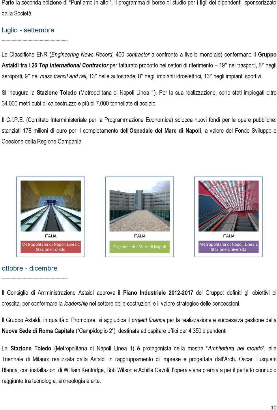 i 20 Top International Contractor per fatturato prodotto nei settori di riferimento 19 nei trasporti, 8 negli aeroporti, 9 nel mass transit and rail, 13 nelle autostrade, 8 negli impianti