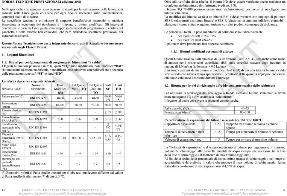 Le specifiche tendono a ottimizzare il rapporto benefici/costi inserendo in maniera importante la tecnologia del riciclaggio e l impiego di bitumi modificati.