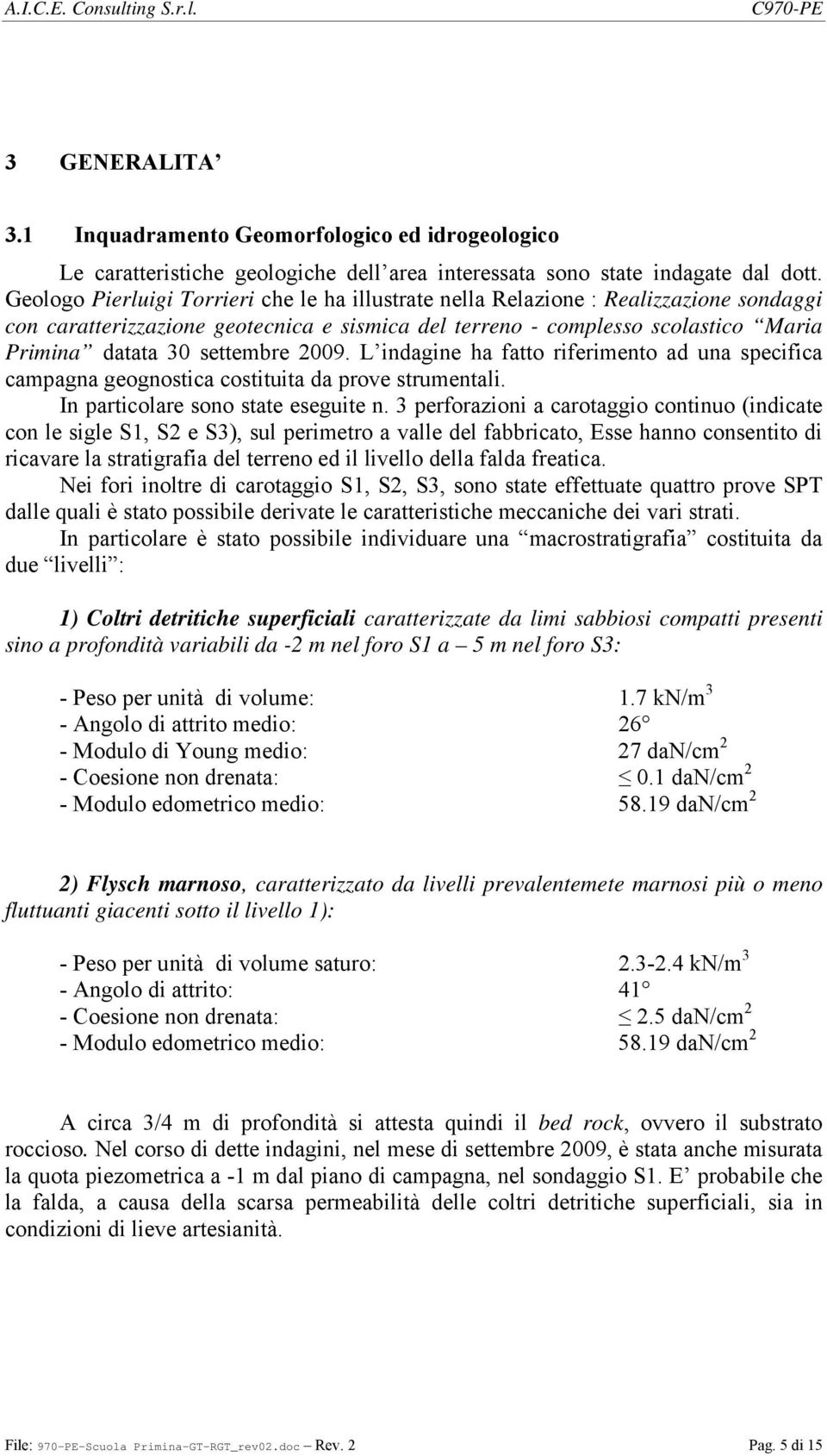 009. L indagine ha fatto riferimento ad una specifica campagna geognostica costituita da prove strumentali. In particolare sono state eseguite n.