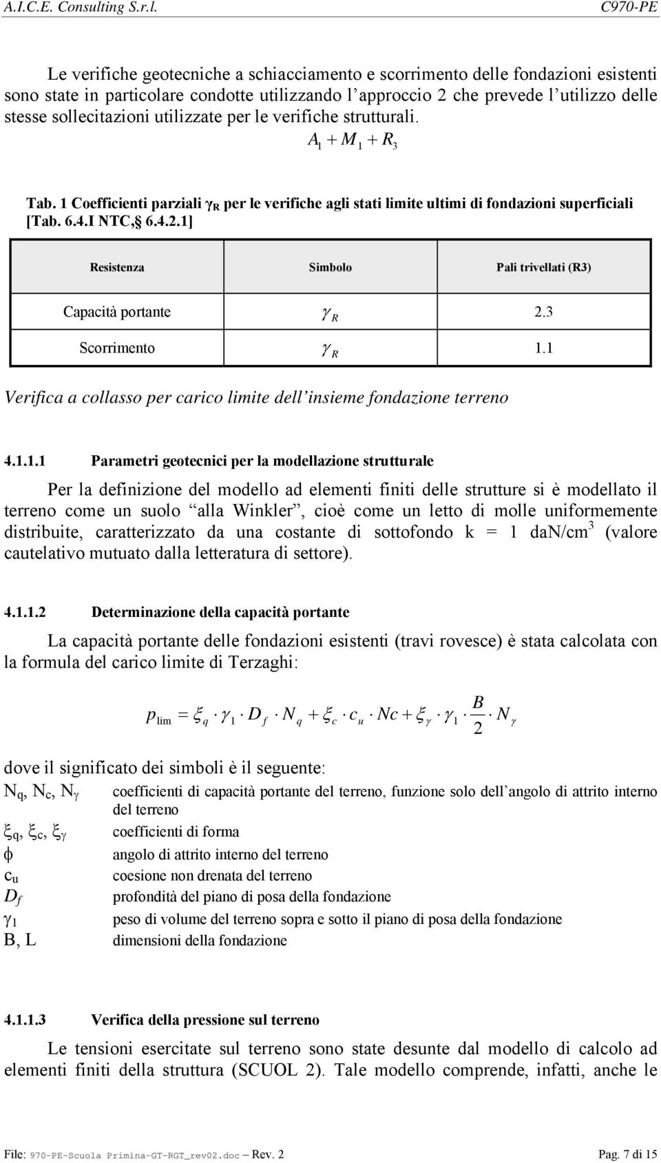 C970-PE Le verifiche geotecniche a schiacciamento e scorrimento delle fondazioni esistenti sono state in particolare condotte utilizzando l approccio che prevede l utilizzo delle stesse