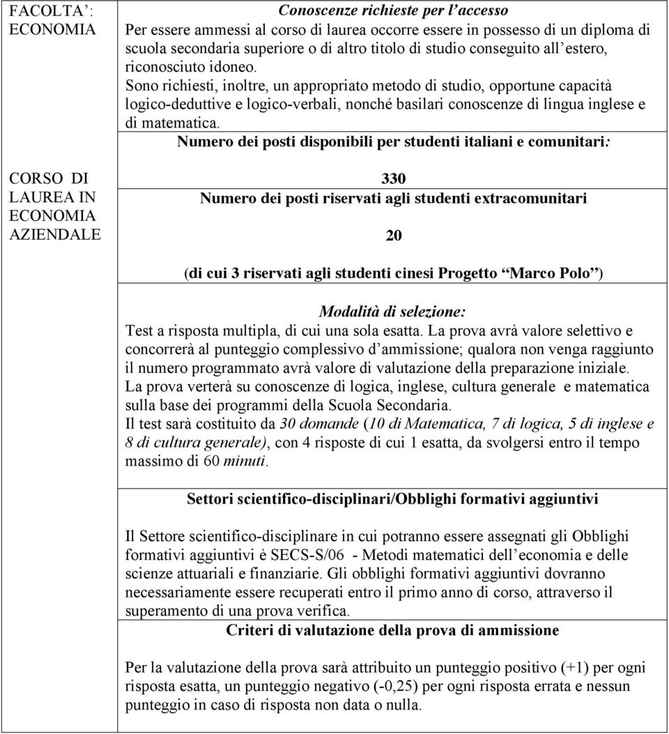 Sono richiesti, inoltre, un appropriato metodo di studio, opportune capacità logico-deduttive e logico-verbali, nonché basilari conoscenze di lingua inglese e di matematica.