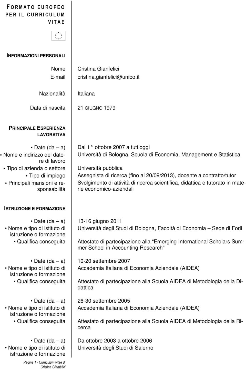 e responsabilità Dal 1 ottobre 2007 a tutt oggi Università di Bologna, Scuola di Economia, Management e Statistica Università pubblica Assegnista di ricerca (fino al 20/09/2013), docente a