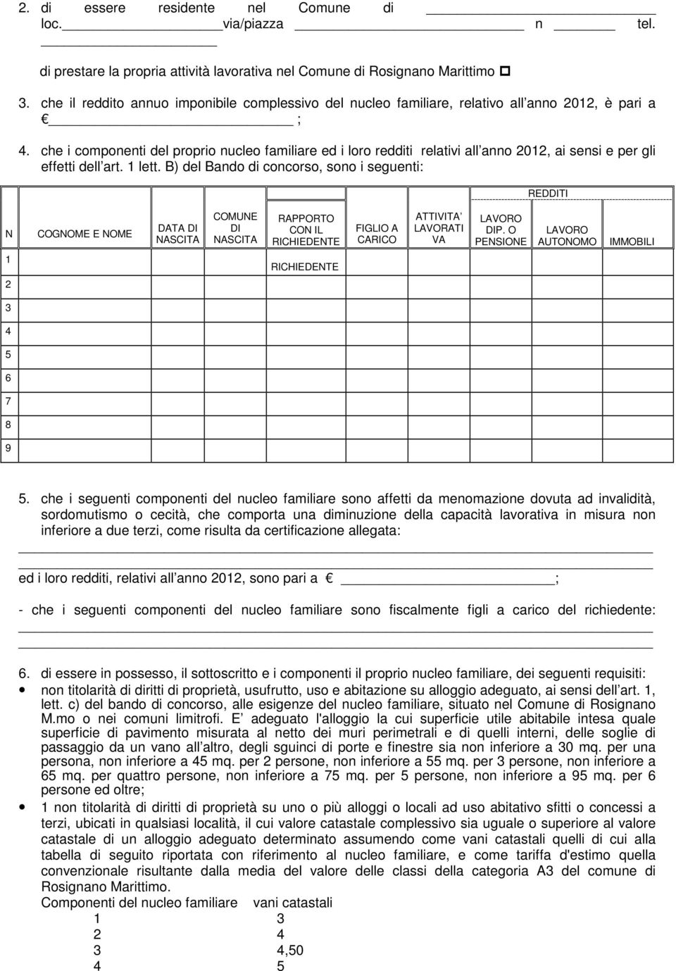 che i componenti del proprio nucleo familiare ed i loro redditi relativi all anno 2012, ai sensi e per gli effetti dell art. 1 lett.