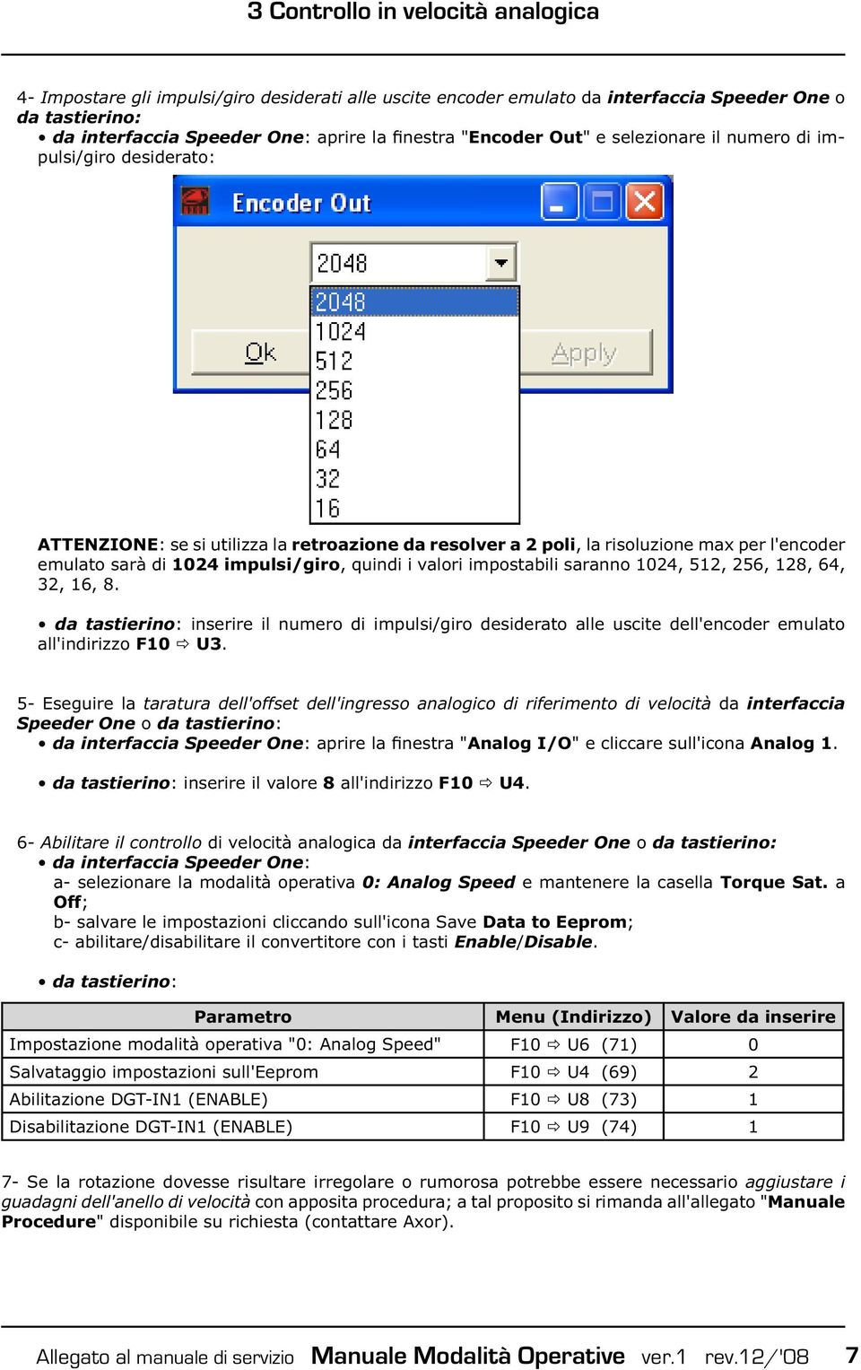 quindi i valori impostabili saranno 1024, 512, 256, 128, 64, 32, 16, 8. da tastierino: inserire il numero di impulsi/giro desiderato alle uscite dell'encoder emulato all'indirizzo F10 U3.