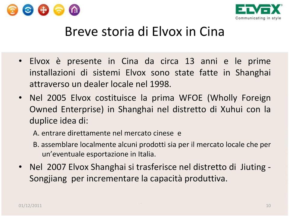 Nel 2005 Elvox costituisce la prima WFOE (Wholly Foreign Owned Enterprise) in Shanghai nel distretto di Xuhui con la duplice idea di: A.