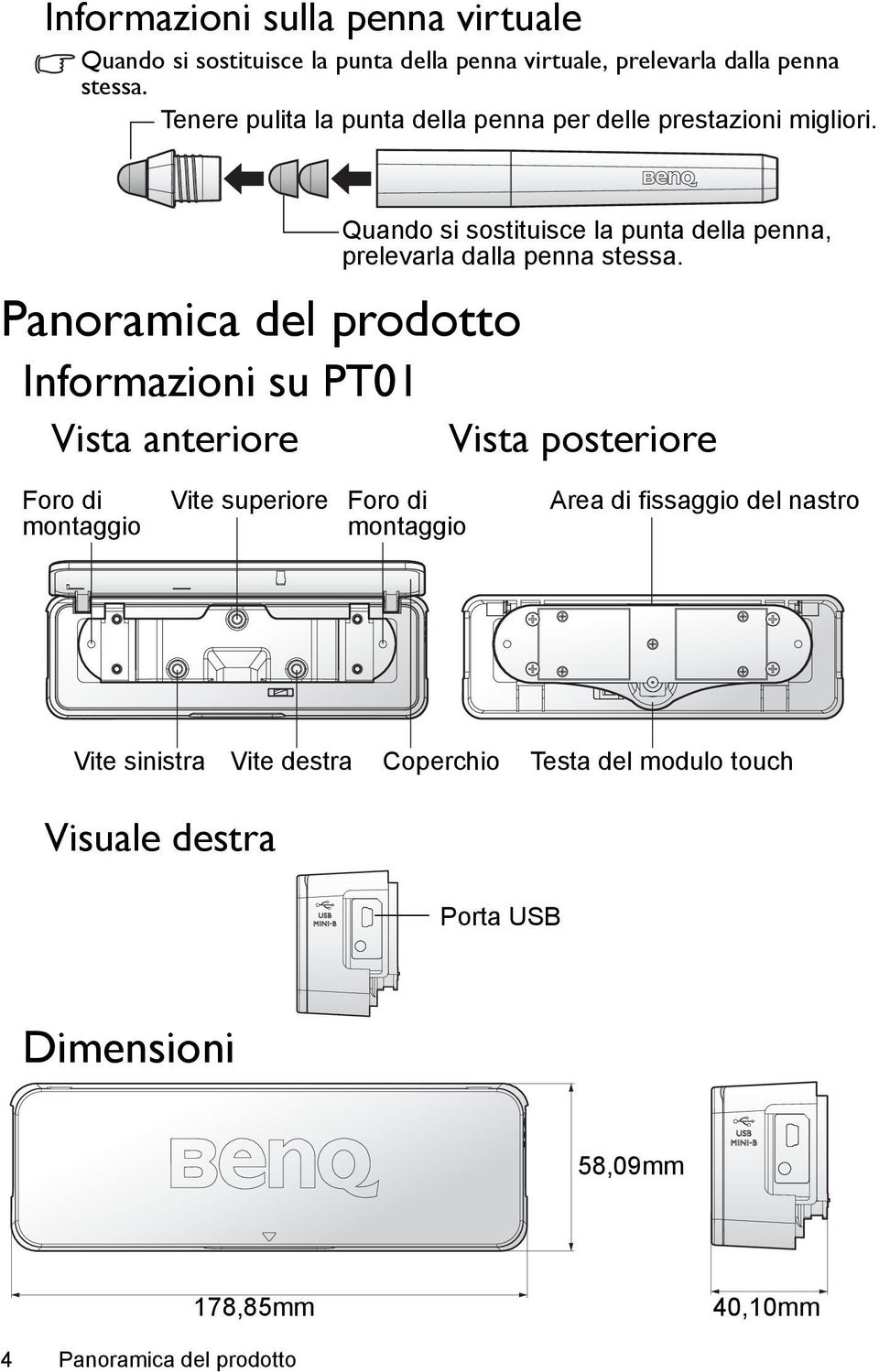 Panoramica del prodotto Informazioni su PT01 Vista anteriore Quando si sostituisce la punta della penna, prelevarla dalla penna stessa.