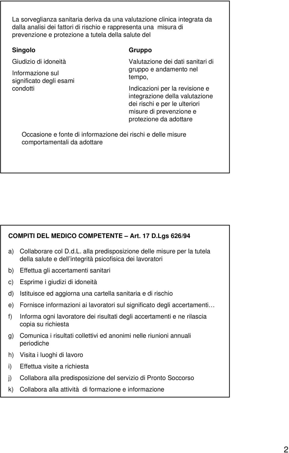 valutazione dei rischi e per le ulteriori misure di prevenzione e protezione da adottare Occasione e fonte di informazione dei rischi e delle misure comportamentali da adottare COMPITI DEL MEDICO