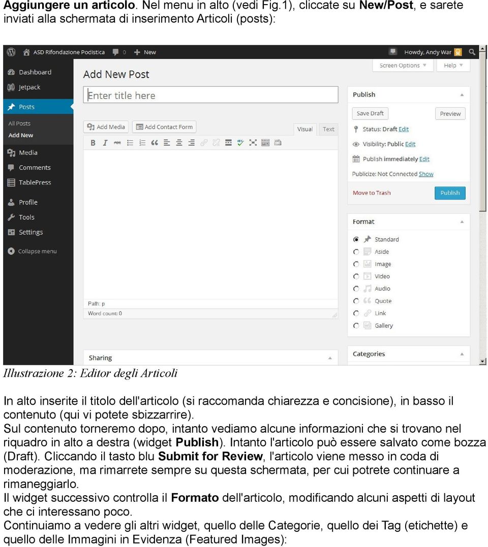 concisione), in basso il contenuto (qui vi potete sbizzarrire). Sul contenuto torneremo dopo, intanto vediamo alcune informazioni che si trovano nel riquadro in alto a destra (widget Publish).