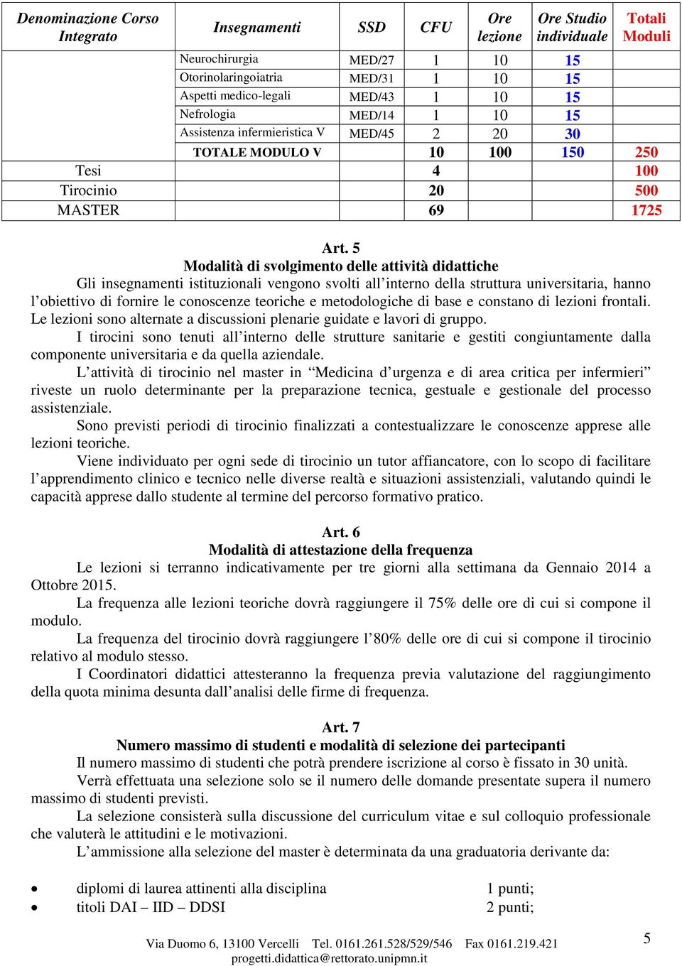 5 Modalità di svolgimento delle attività didattiche Gli insegnamenti istituzionali vengono svolti all interno della struttura universitaria, hanno l obiettivo di fornire le conoscenze teoriche e