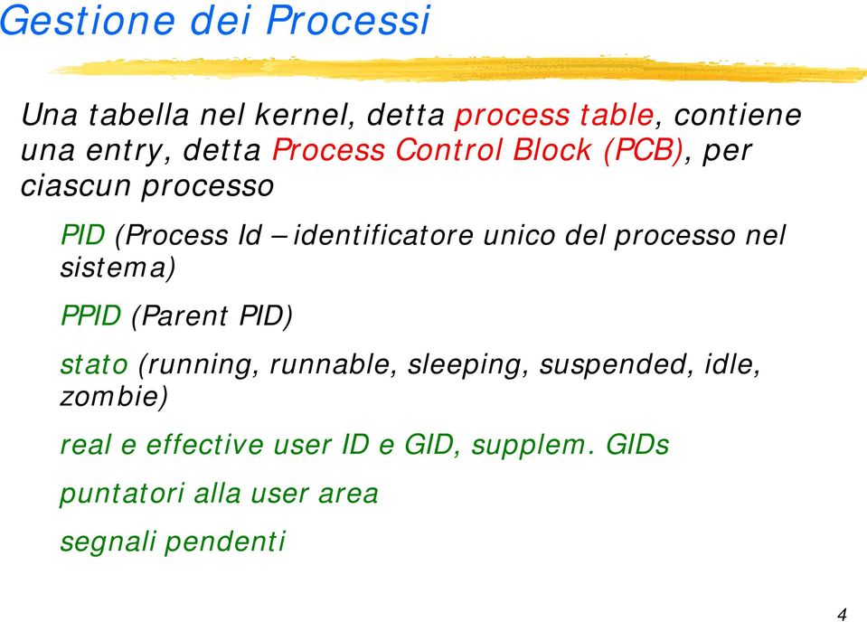 processo nel sistema) PPID (Parent PID) stato (running, runnable, sleeping, suspended, idle,