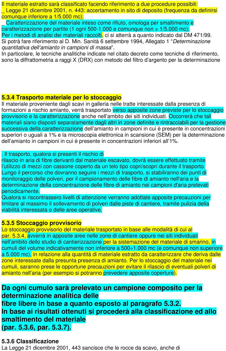 000 mc); _ Caratterizzazione del materiale inteso come rifiuto, omologa per smaltimento e caratterizzazione per partite (1 ogni 500-1.000 e comunque non > 1/5.