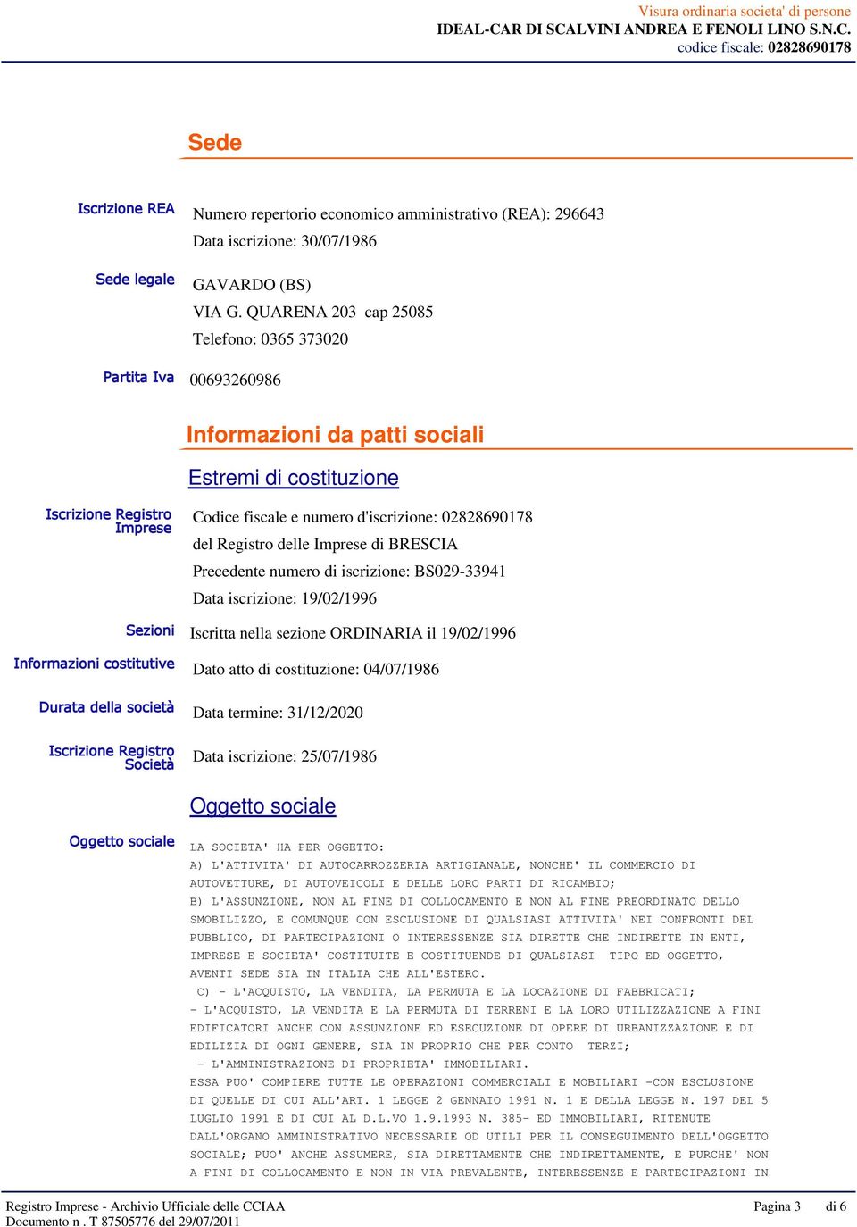 del Registro delle Imprese di BRESCIA Precedente numero di iscrizione: BS029-33941 Data iscrizione: 19/02/1996 Sezioni Iscritta nella sezione ORDINARIA il 19/02/1996 Informazioni costitutive Dato