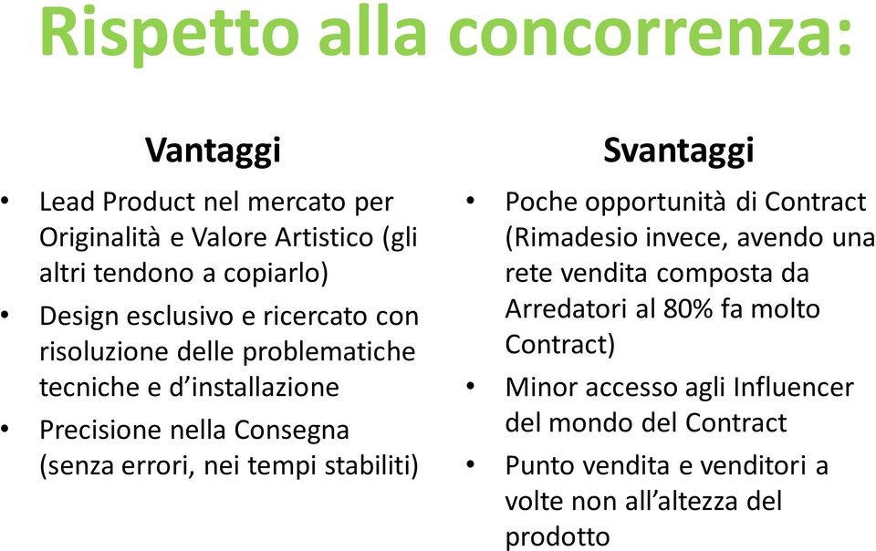 errori, nei tempi stabiliti) Svantaggi Poche opportunità di Contract (Rimadesio invece, avendo una rete vendita composta da