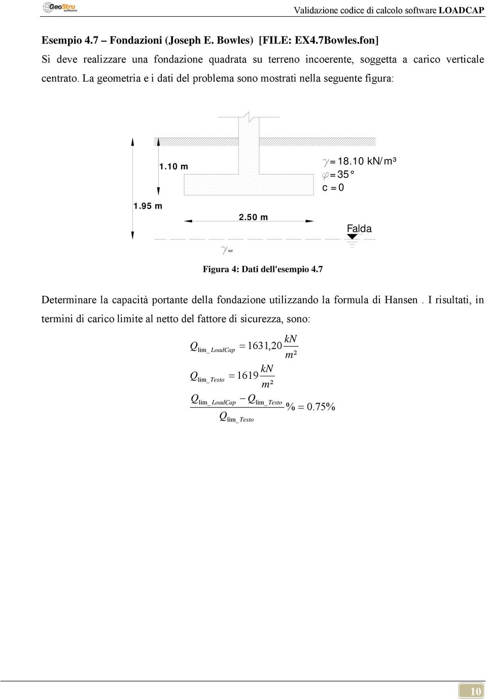 a eometra e dat del problema sono mostrat nella uente fura:.95 m. m.5 m 8. kn/m³ 35 Falda sat Fura 4: Dat dell'empo 4.