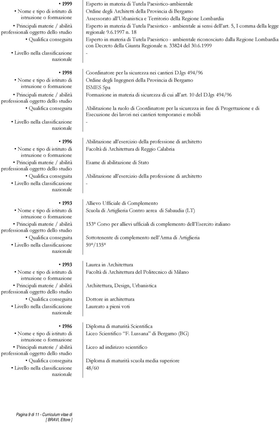 18 Qualifica conseguita Esperto in materia di Tutela Paesistico ambientale riconosciuto dalla Regione Lombardia con Decreto della Giunta Regionale n. 33824 del 30.6.