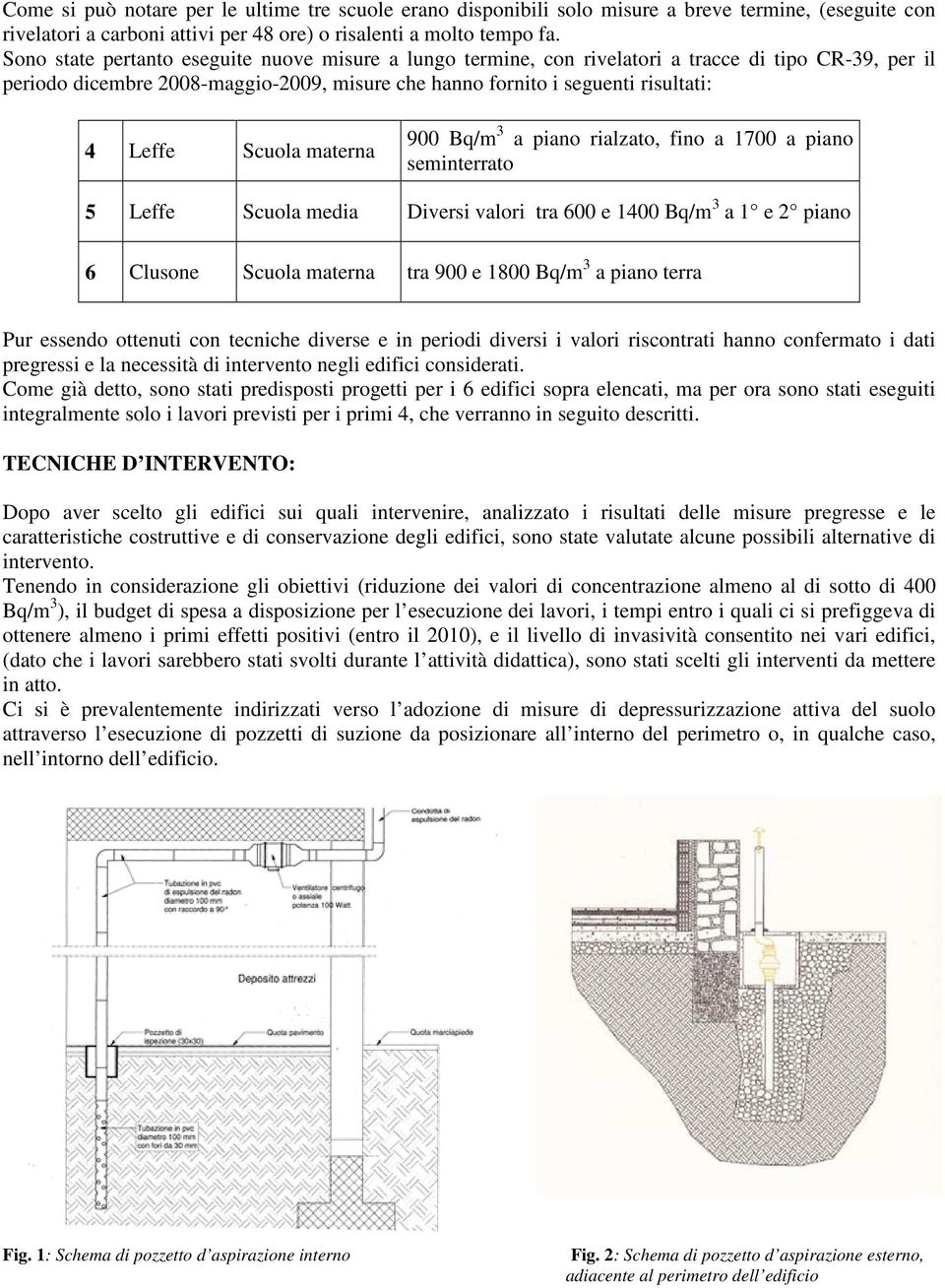 Scuola materna 900 Bq/m 3 a piano rialzato, fino a 1700 a piano seminterrato 5 Leffe Scuola media Diversi valori tra 600 e 1400 Bq/m 3 a 1 e 2 piano 6 Clusone Scuola materna tra 900 e 1800 Bq/m 3 a