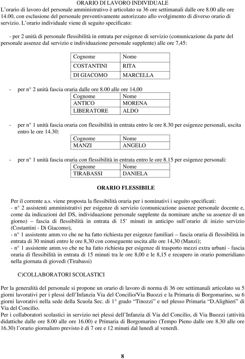 L orario individuale viene di seguito specificato: - per 2 unità di personale flessibilità in entrata per esigenze di servizio (comunicazione da parte del personale assenze dal servizio e