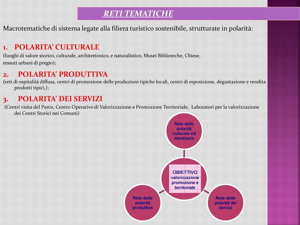 POLARITA PRODUTTIVA (reti di ospitalità diffusa, centri di promozione delle produzioni tipiche locali, centri di esposizione, degustazione e vendita prodotti tipici,); 3.