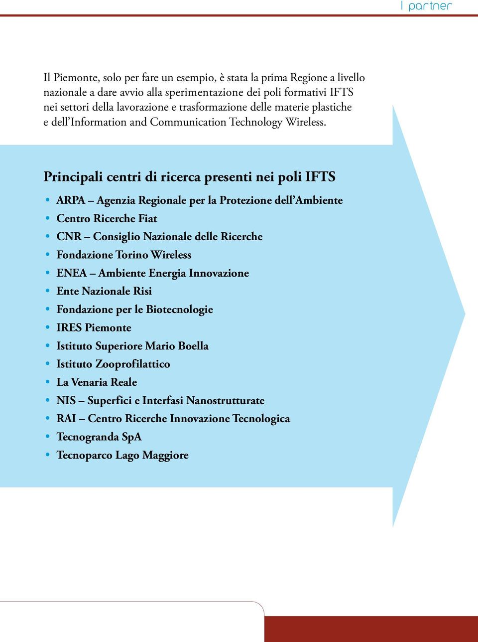 Principali centri di ricerca presenti nei poli IFTS ARPA Agenzia Regionale per la Protezione dell Ambiente Centro Ricerche Fiat CNR Consiglio Nazionale delle Ricerche Fondazione Torino Wireless