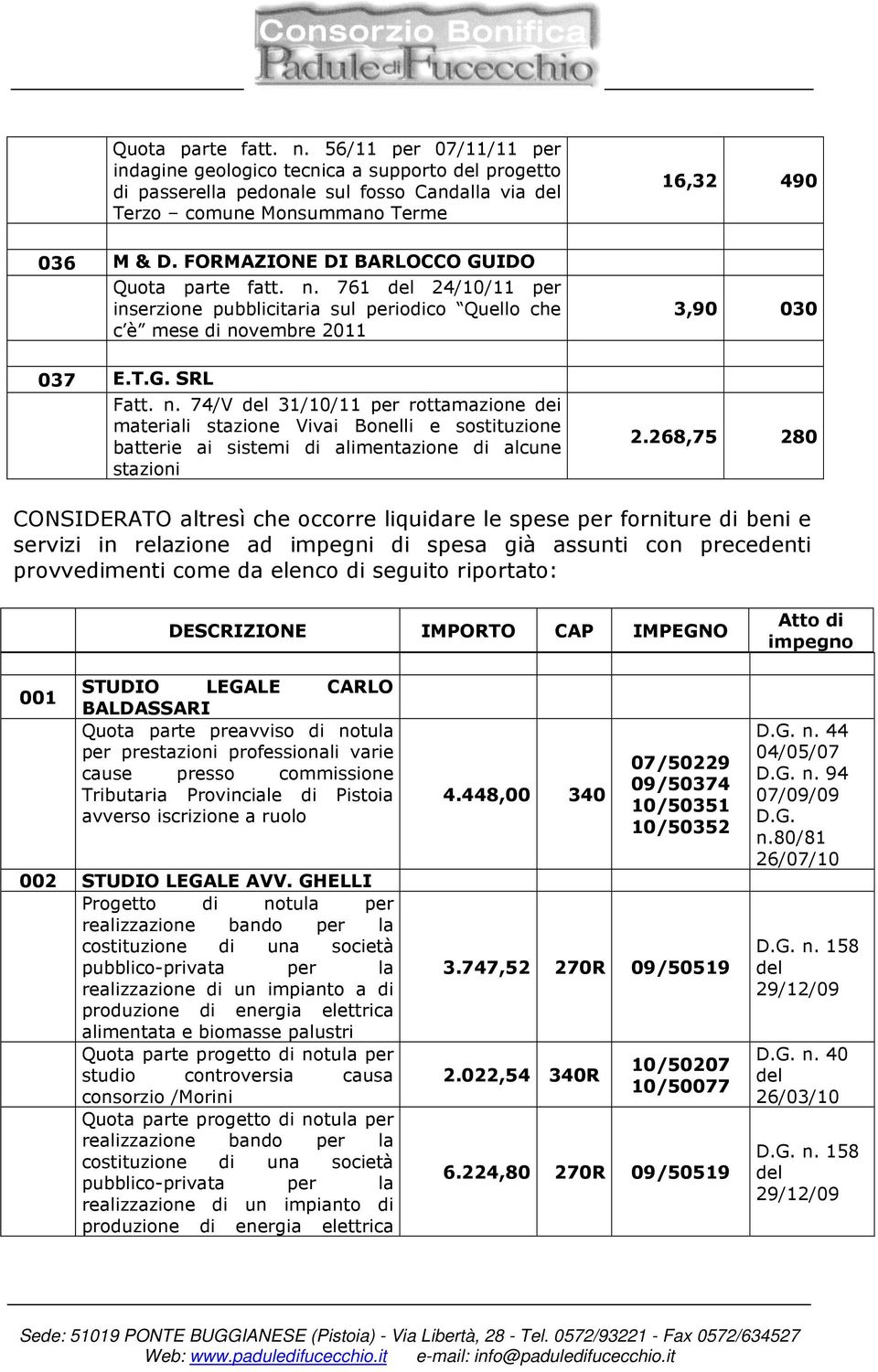 268,75 280 CONSIDERATO altresì che occorre liquidare le spese per forniture di beni e servizi in relazione ad impegni di spesa già assunti con precedenti provvedimenti come da elenco di seguito