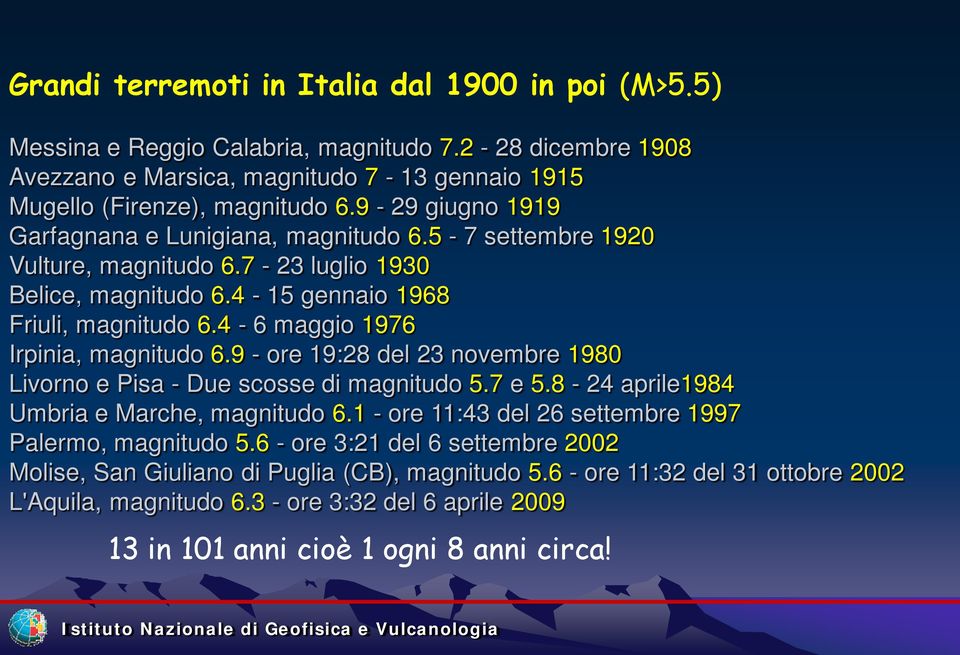 4-6 maggio 1976 Irpinia, magnitudo 6.9 - ore 19:28 del 23 novembre 1980 Livorno e Pisa - Due scosse di magnitudo 5.7 e 5.8-24 aprile1984 Umbria e Marche, magnitudo 6.