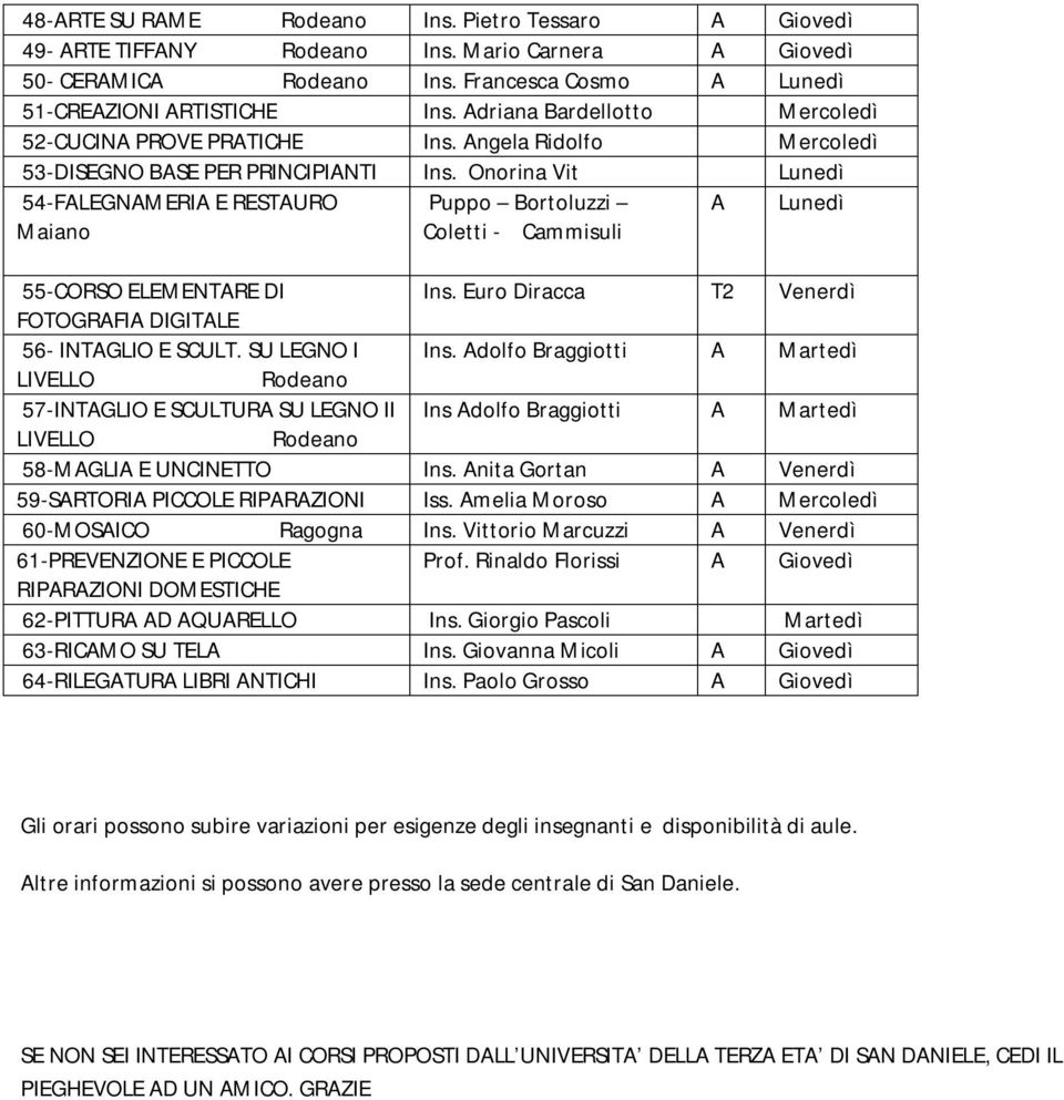 Onorina Vit Lunedì 54-FALEGNAMERIA E RESTAURO Maiano Puppo Bortoluzzi Coletti - Cammisuli A Lunedì 55-CORSO ELEMENTARE DI Ins. Euro Diracca T2 Venerdì FOTOGRAFIA DIGITALE 56- INTAGLIO E SCULT.