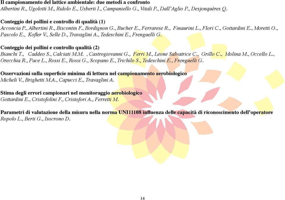 , Kofler V., Selle D., Travaglini A., Tedeschini E., Frenguelli G. Conteggio dei pollini e controllo qualità (2) Bianchi T., Caddeo S., Calciati M.M., Castrogiovanni G., Ferri M., Leone Salvatrice C.