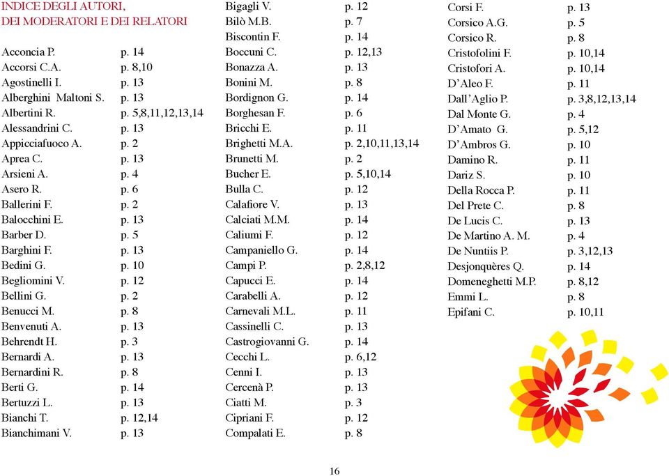 p. 13 Behrendt H. p. 3 Bernardi A. p. 13 Bernardini R. p. 8 Berti G. p. 14 Bertuzzi L. p. 13 Bianchi T. p. 12,14 Bianchimani V. p. 13 Bigagli V. p. 12 Bilò M.B. p. 7 Biscontin F. p. 14 Boccuni C. p. 12,13 Bonazza A.