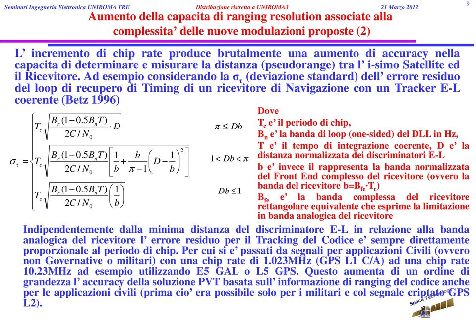 capacita di ranging resolution associate alla complessita delle nuove modulazioni proposte (2) Bn (1 0.5BnT ) Tc D 2C / N0 B B T n (1 0.5 n ) 1 b = T c + D T c B n 2C / N (1 0.