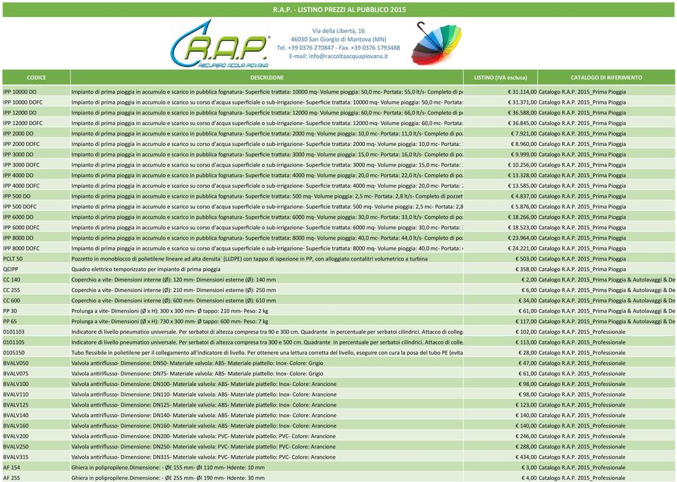 2015_Prima Pioggia IPP 12000 DO Impianto di prima pioggia in accumulo e scarico in pubblica fognatura Superficie tra ata: 12000 mq Volume pioggia: 60,0 mc Portata: 66,0 lt/s Completo di po 36.