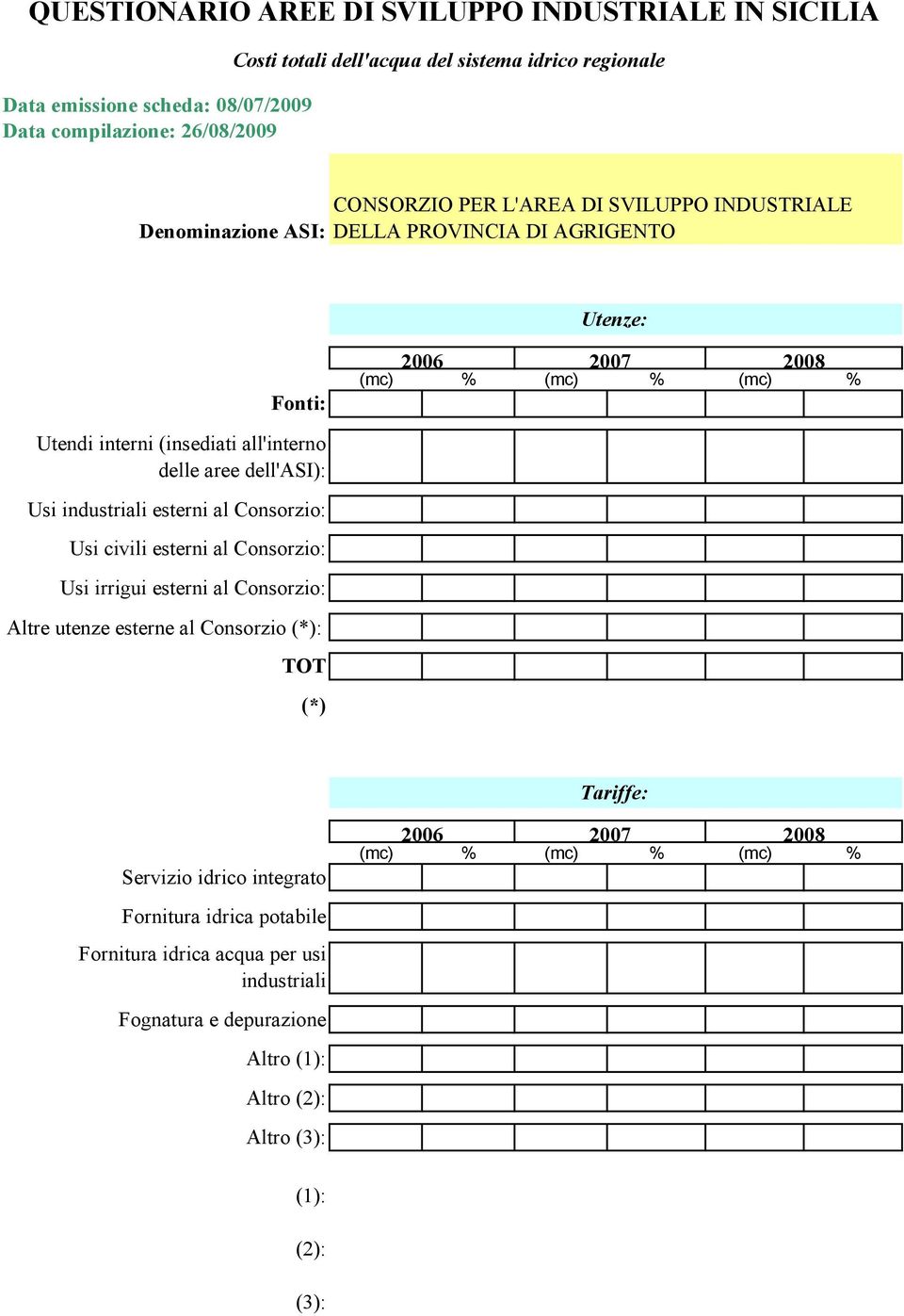 Consorzio: Usi civili esterni al Consorzio: Usi irrigui esterni al Consorzio: Altre utenze esterne al Consorzio (*): TOT (*) Tariffe: Servizio idrico integrato