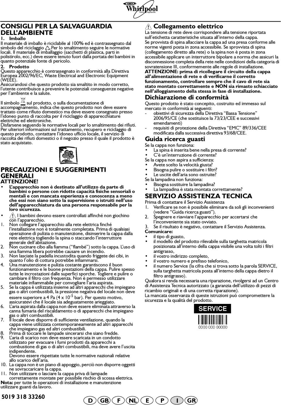 Prodotto Questo apparecchio è contrassegnato in conformità alla Direttiva Europea 2002/96/EC, Waste Electrical and Electronic Equipment (WEEE).