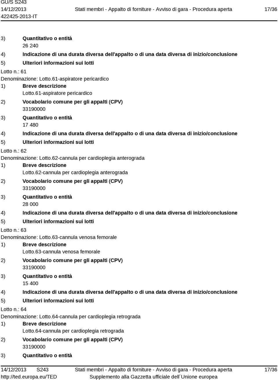 62-cannula per cardioplegia anterograda 28 000 Lotto n.: 63 Denominazione: Lotto.63-cannula venosa femorale Lotto.