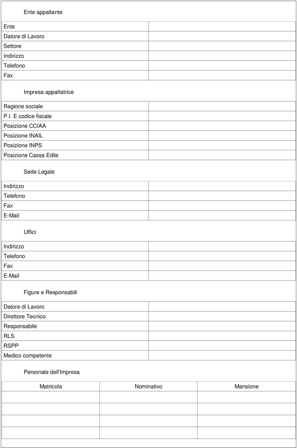 Indirizzo Telefono Fax E-Mail Uffici Indirizzo Telefono Fax E-Mail Figure e Responsabili Datore di Lavoro