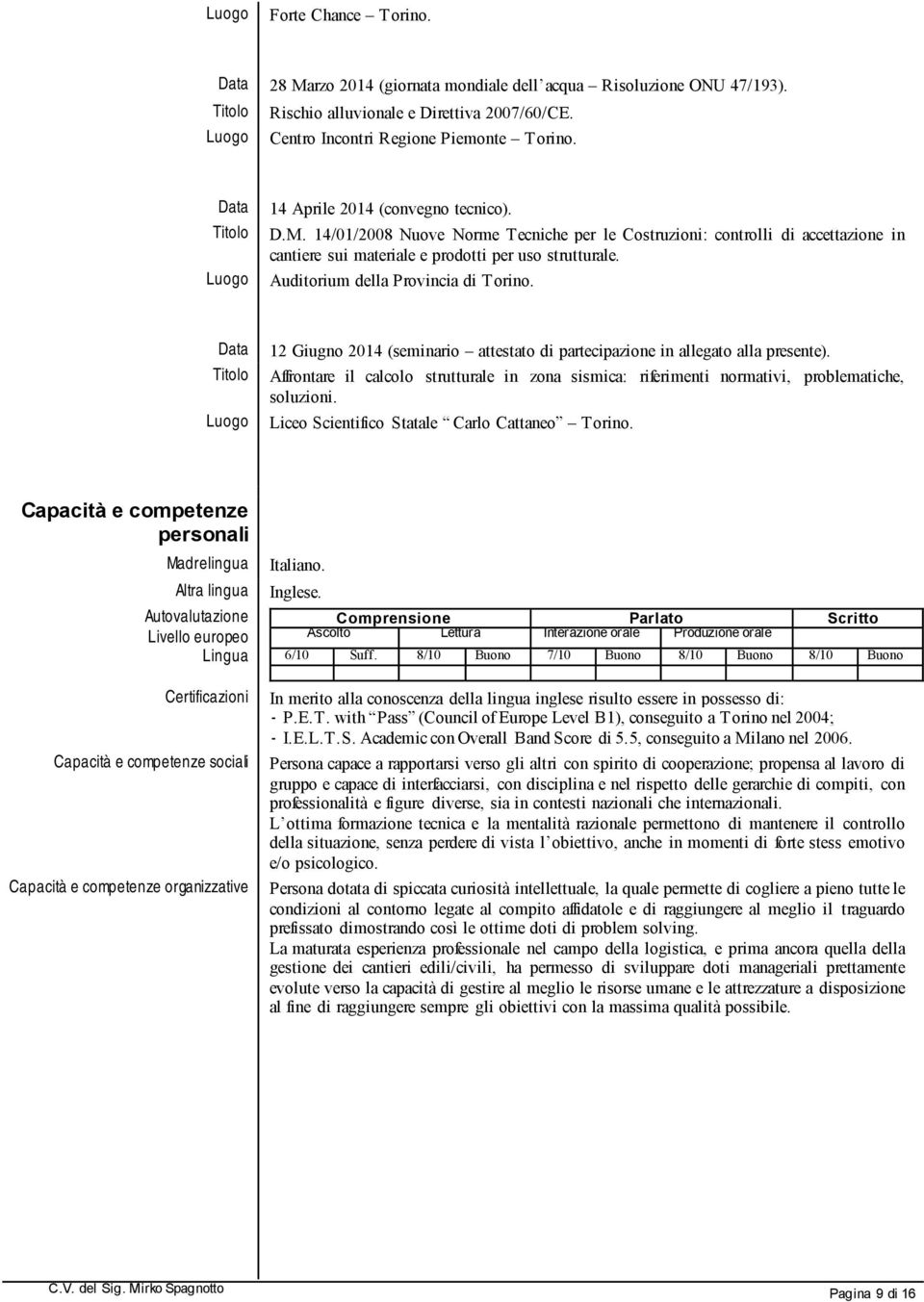 Auditorium della Provincia di Torino. Data Titolo Luogo 12 Giugno 2014 (seminario attestato di partecipazione in allegato alla presente).