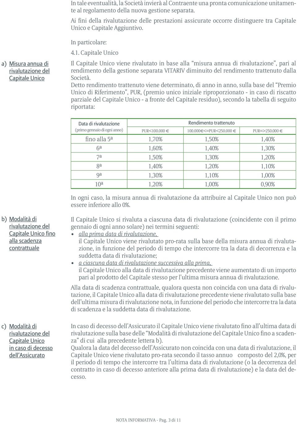 Capitale Unico Il Capitale Unico viene rivalutato in base alla misura annua di rivalutazione, pari al rendimento della gestione separata VITARIV diminuito del rendimento trattenuto dalla Società.