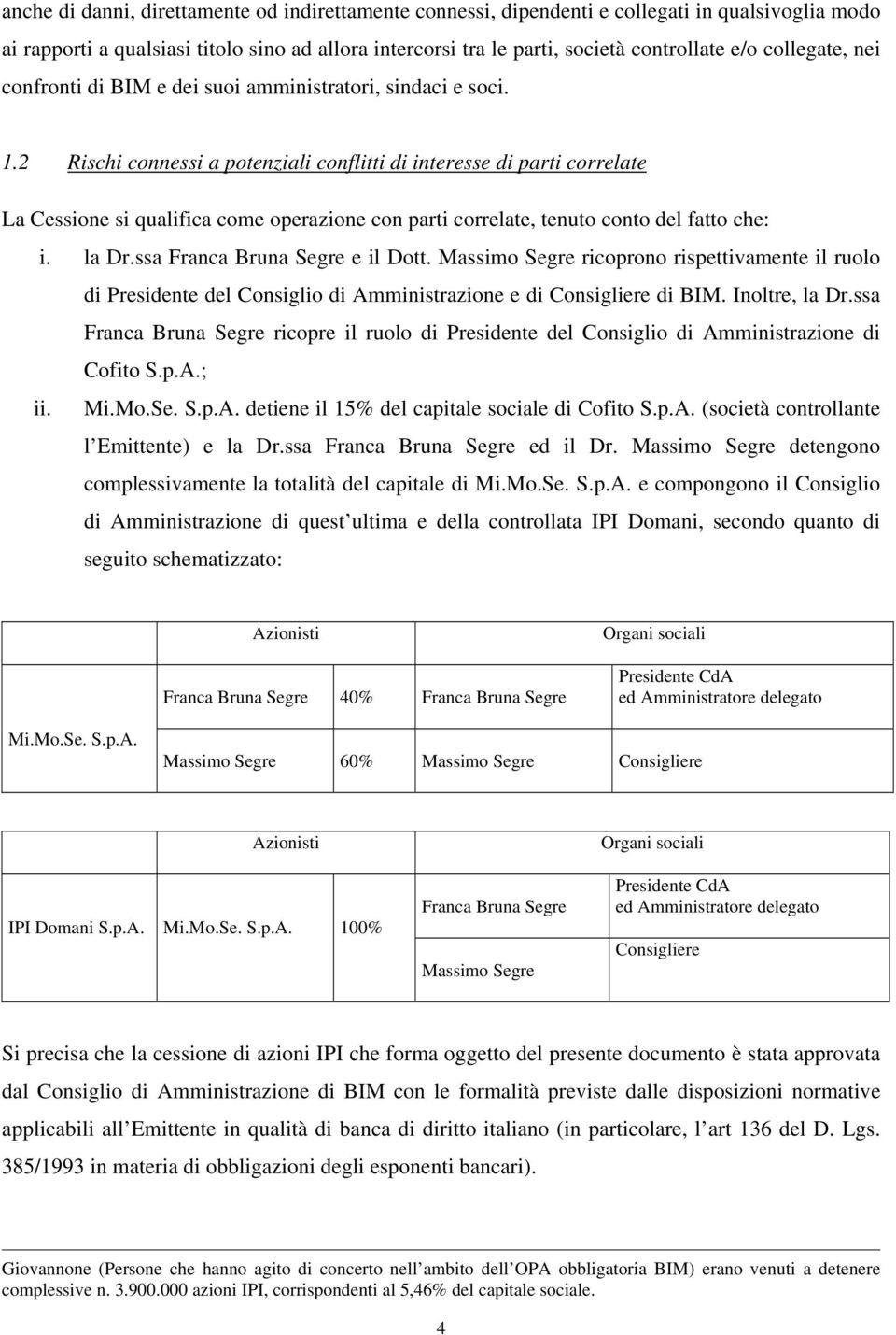 2 Rischi connessi a potenziali conflitti di interesse di parti correlate La Cessione si qualifica come operazione con parti correlate, tenuto conto del fatto che: i. la Dr.