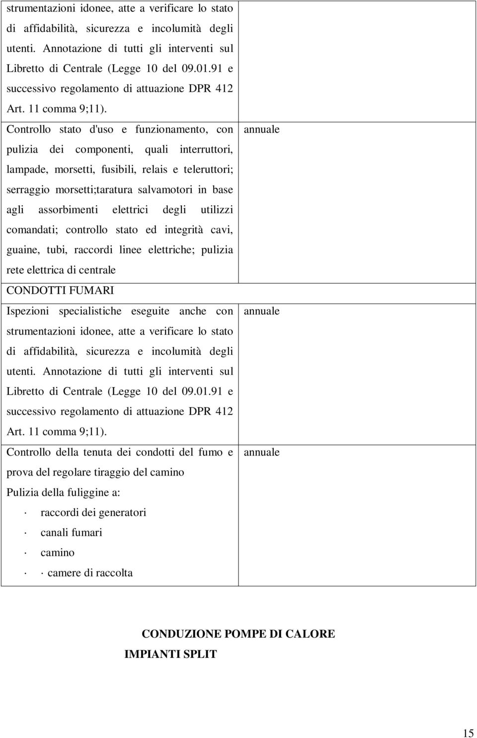 assorbimenti elettrici degli utilizzi comandati; controllo stato ed integrità cavi, guaine, tubi, raccordi linee elettriche; pulizia rete elettrica di centrale CONDOTTI FUMARI Ispezioni