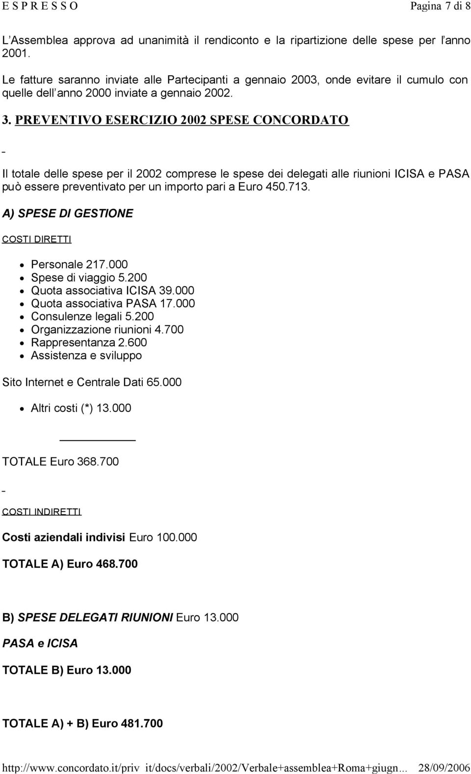 PREVENTIVO ESERCIZIO 2002 SPESE CONCORDATO Il totale delle spese per il 2002 comprese le spese dei delegati alle riunioni ICISA e PASA può essere preventivato per un importo pari a Euro 450.713.