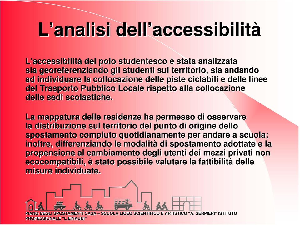 La mappatura delle residenze ha permesso di osservare la distribuzione sul territorio del punto di origine dello spostamento compiuto quotidianamente per andare a scuola;