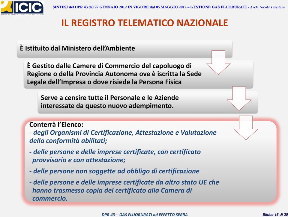 Conterrà l Elenco: - degli Organismi di Certificazione, Attestazione e Valutazione della conformità abilitati; - delle persone e delle imprese certificate, con certificato provvisorio