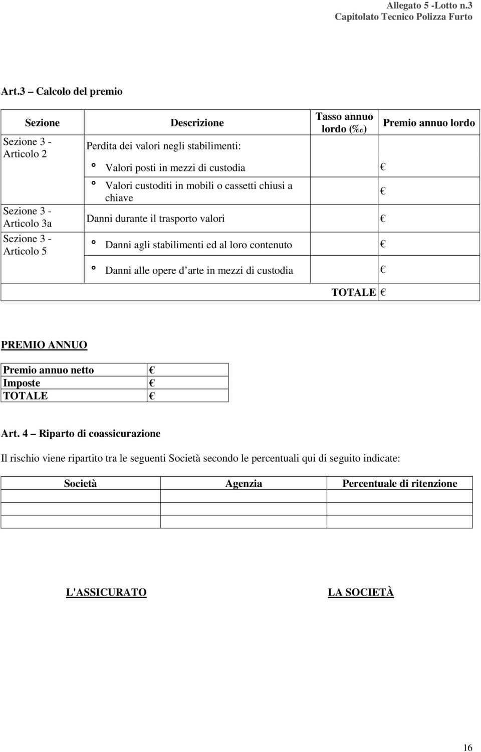 loro contenuto Premio annuo lordo Danni alle opere d arte in mezzi di custodia TOTALE PREMIO ANNUO Premio annuo netto Imposte TOTALE Art.