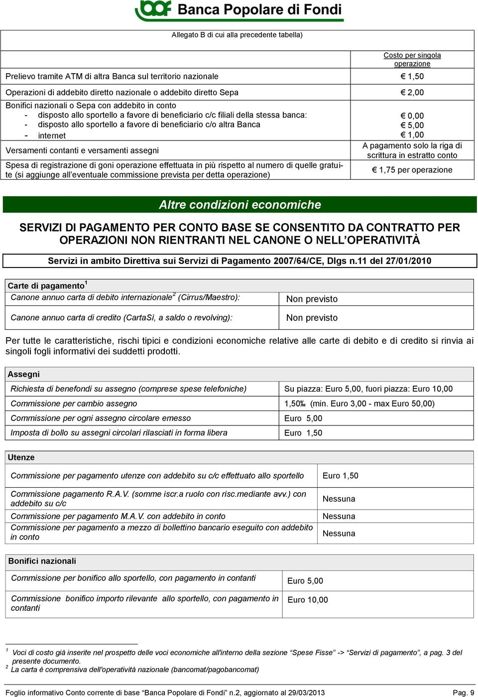 altra Banca - internet Versamenti contanti e versamenti assegni Spesa di registrazione di goni operazione effettuata in più rispetto al numero di quelle gratuite (si aggiunge all eventuale