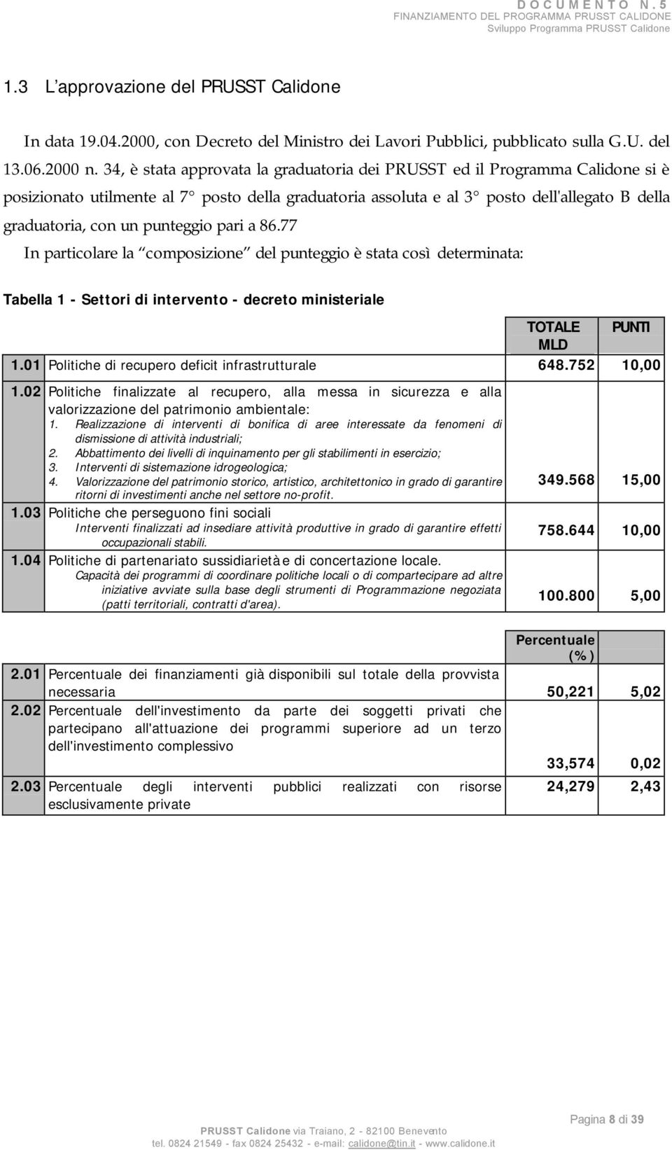 34, è stata approvata la graduatoria dei PRUSST ed il Programma Calidone si è posizionato utilmente al 7 posto della graduatoria assoluta e al 3 posto dell'allegato B della graduatoria, con un