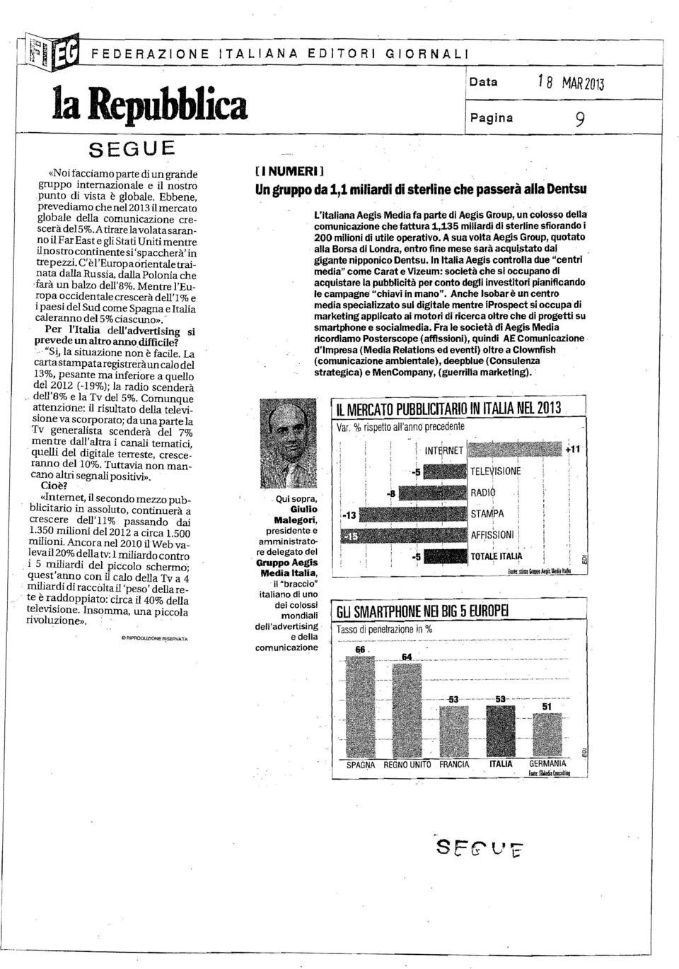 C'èI'Europaorientaletrainata dalla Russia, dalla Polonia che,farà un balzo dell'8%. Mentre l'europa occidentale crescerà dell' 1 % e i paesi del Sud come Spagna e Italia caleranno del 5% ciascuno».