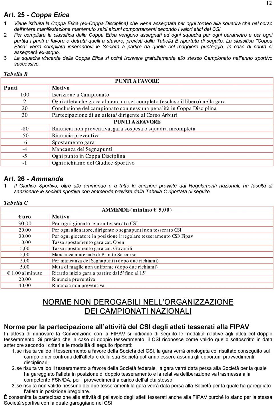 2 Per compilare la classifica della Coppa Etica vengono assegnati ad ogni squadra per ogni parametro e per ogni partita i punti a favore e detratti quelli a sfavore, previsti dalla Tabella B