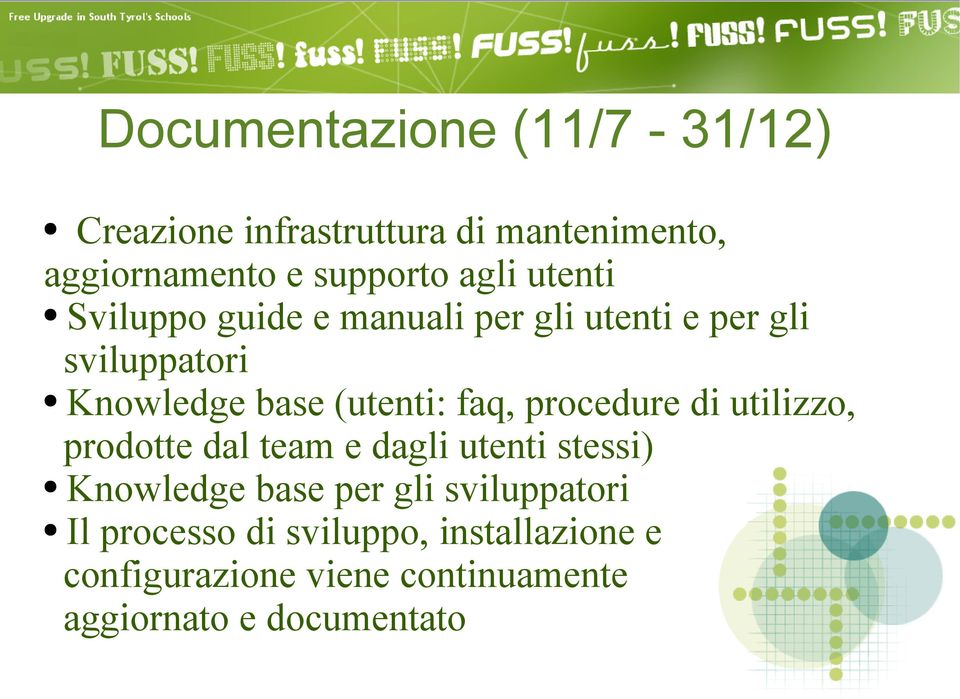 procedure di utilizzo, prodotte dal team e dagli utenti stessi) Knowledge base per gli sviluppatori