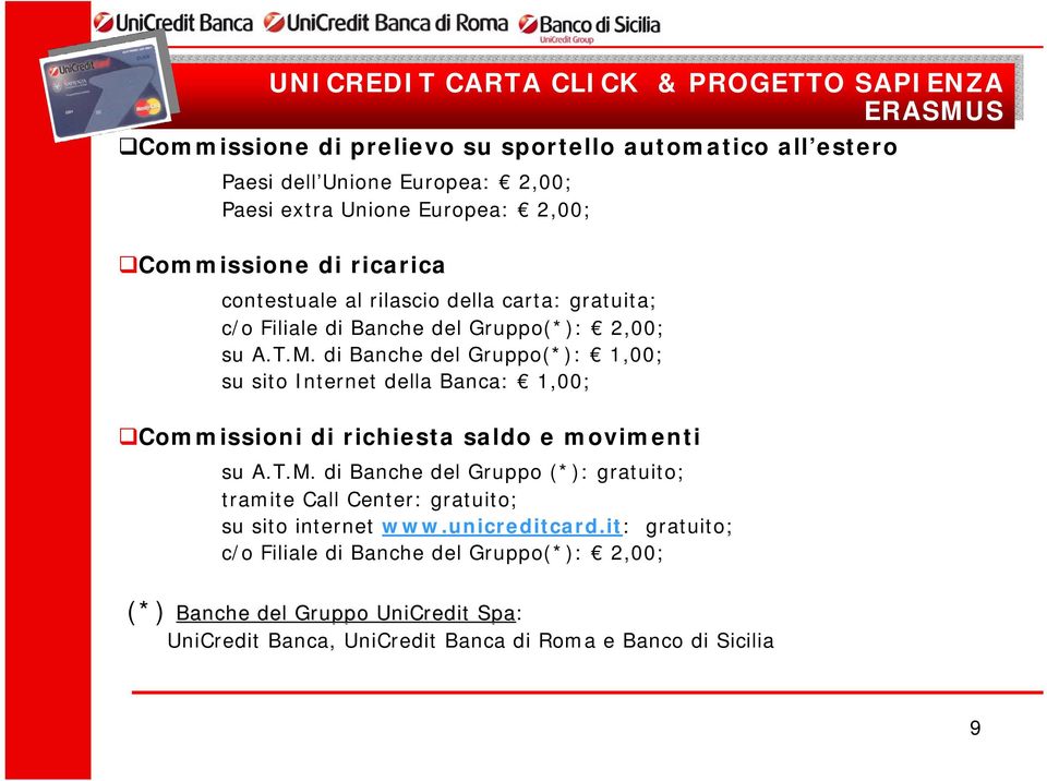 di Banche del Gruppo(*): 1,00; su sito Internet della Banca: 1,00; Commissioni di richiesta saldo e movimenti su A.T.M.